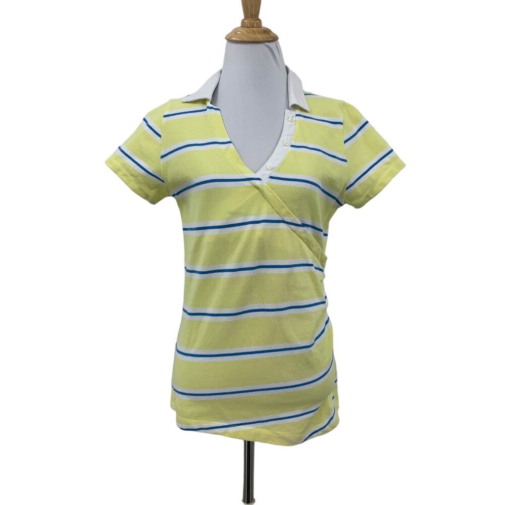 Lija Polo Golf Shirt Womens M Medium Yellow Striped Short Sleeve Collar V Neck